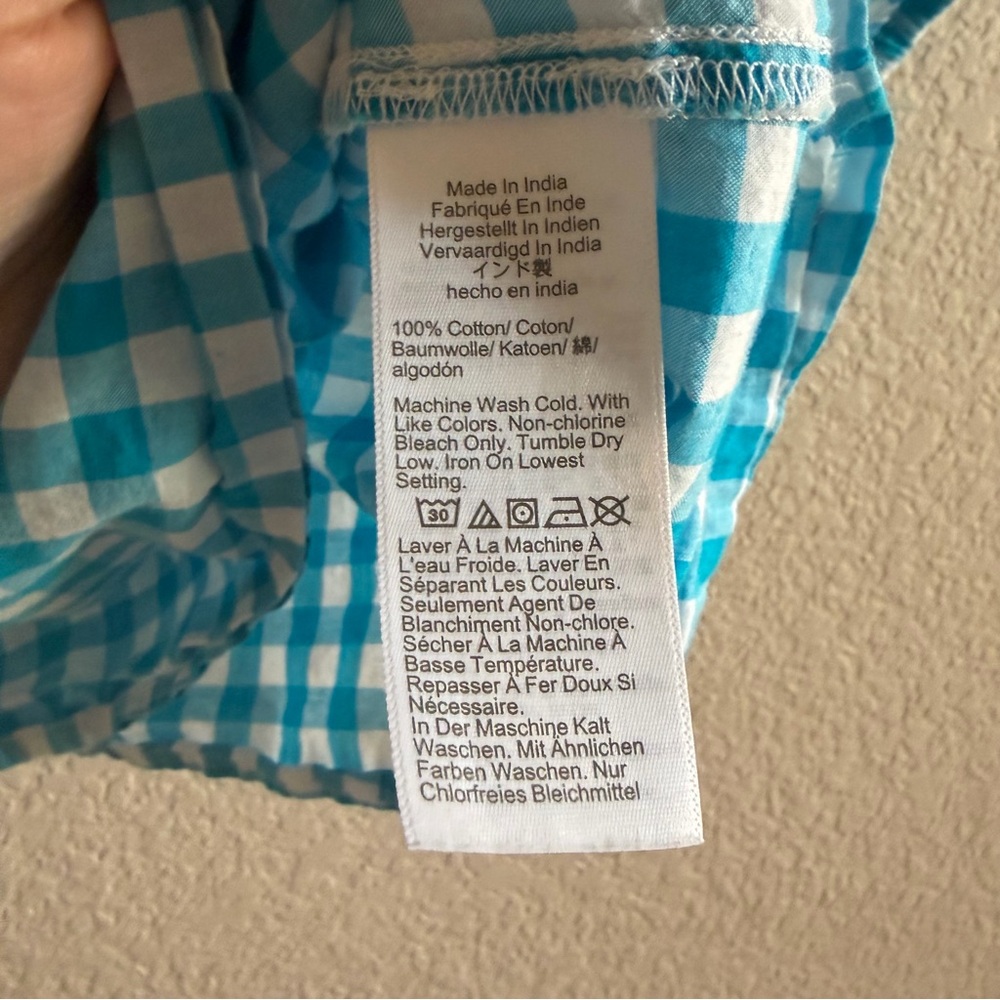 J.CREW Women’s Sz L Blouse Blue White Gingham 100% Cotton Balloon Sleeve V-Neck - Picture 5 of 7